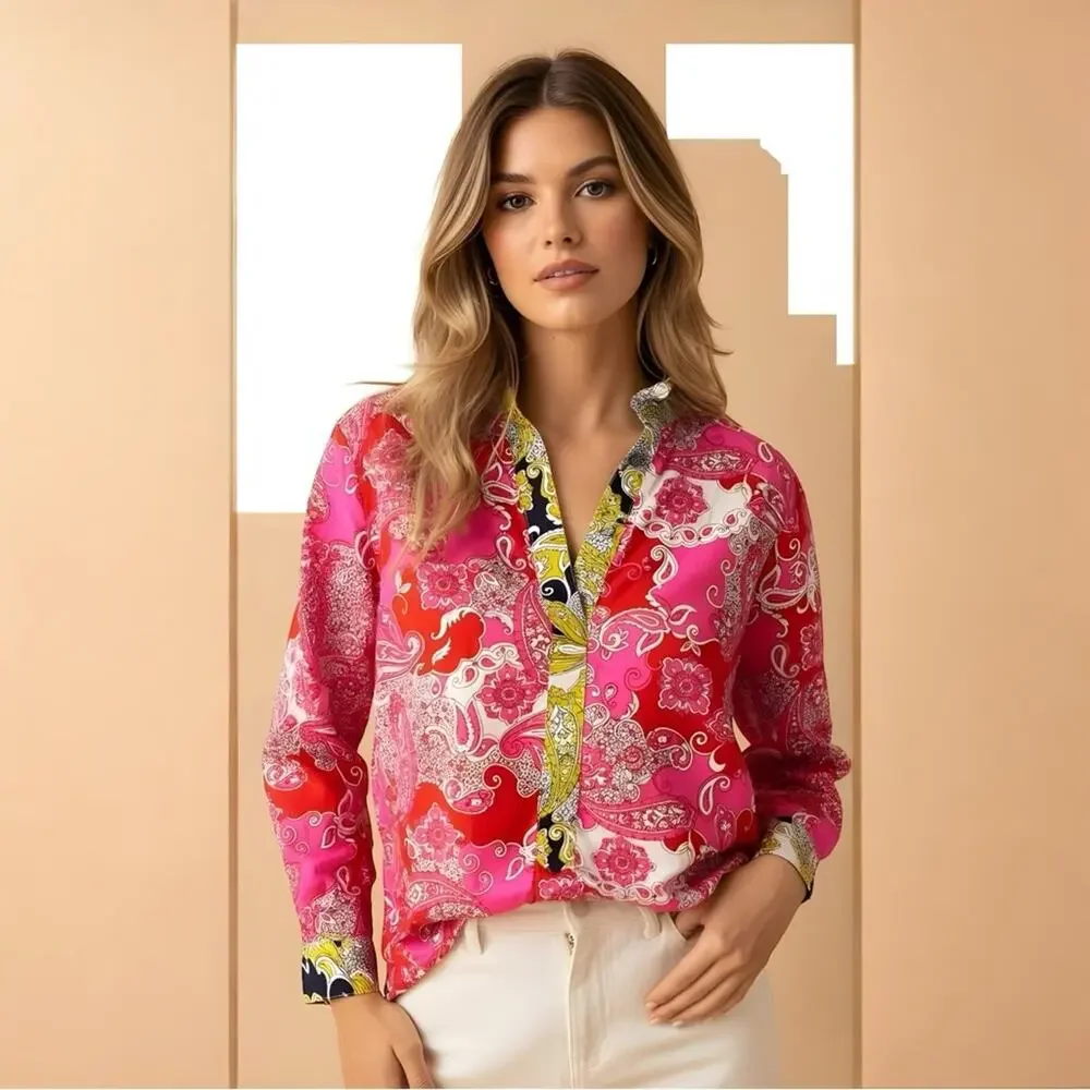J. Crew NWOT XXS Pink Band Collar Poplin Popover Tunic Vintage Paisley Size XXS